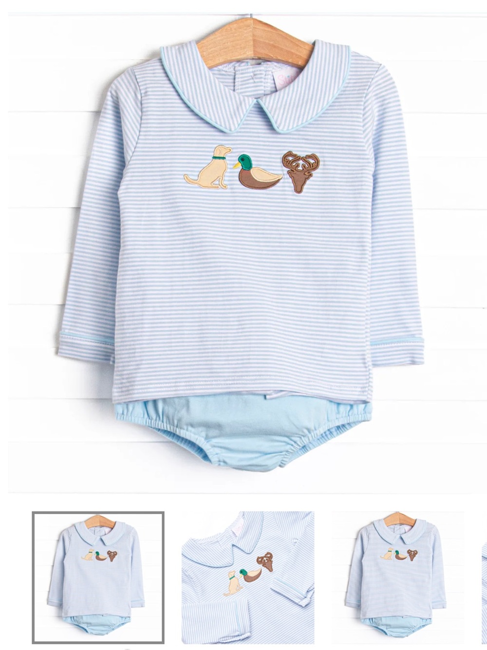 Stitchy Fish Baby Boys Light Blue Striped Diaper Set with Hunting Appliqué